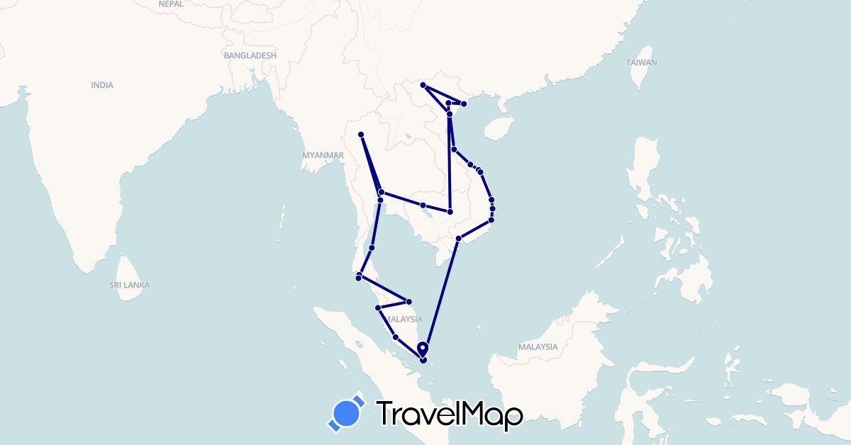 TravelMap itinerary: driving in Cambodia, Malaysia, Singapore, Thailand, Vietnam (Asia)